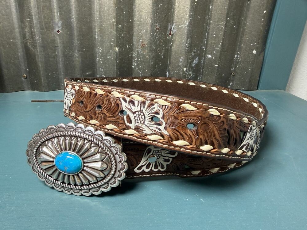 Nocona Pierced Floral Tooled Leather Western Belt Turquoise Concho Buckle Size S